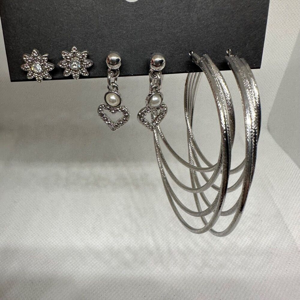 G by Gennaro Silver Tone Lot of Three Earrings Studs Hoops Drop Heart Fashion